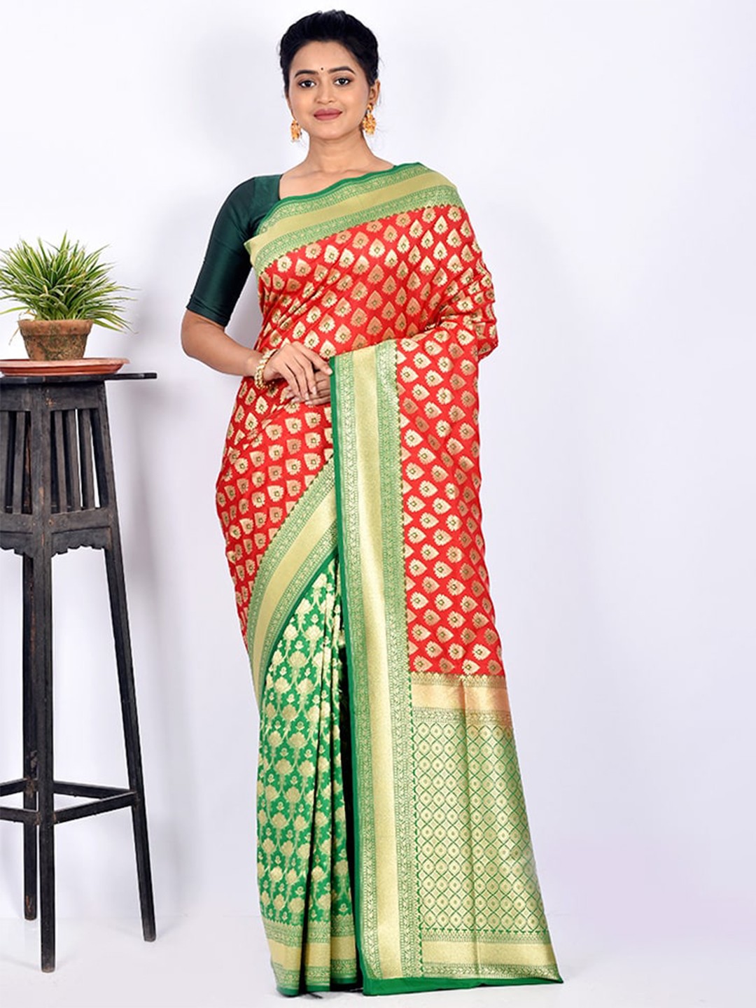

AllSilks Red & Green Woven Design Silk Blend Zari Uppada Saree