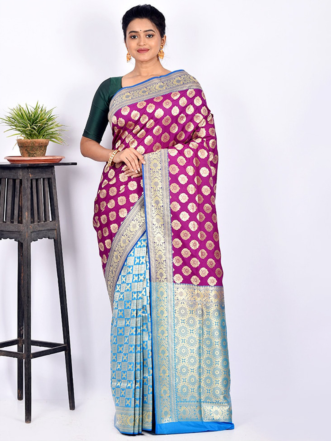 

AllSilks Purple & Blue Woven Design Silk Blend Zari Uppada Saree