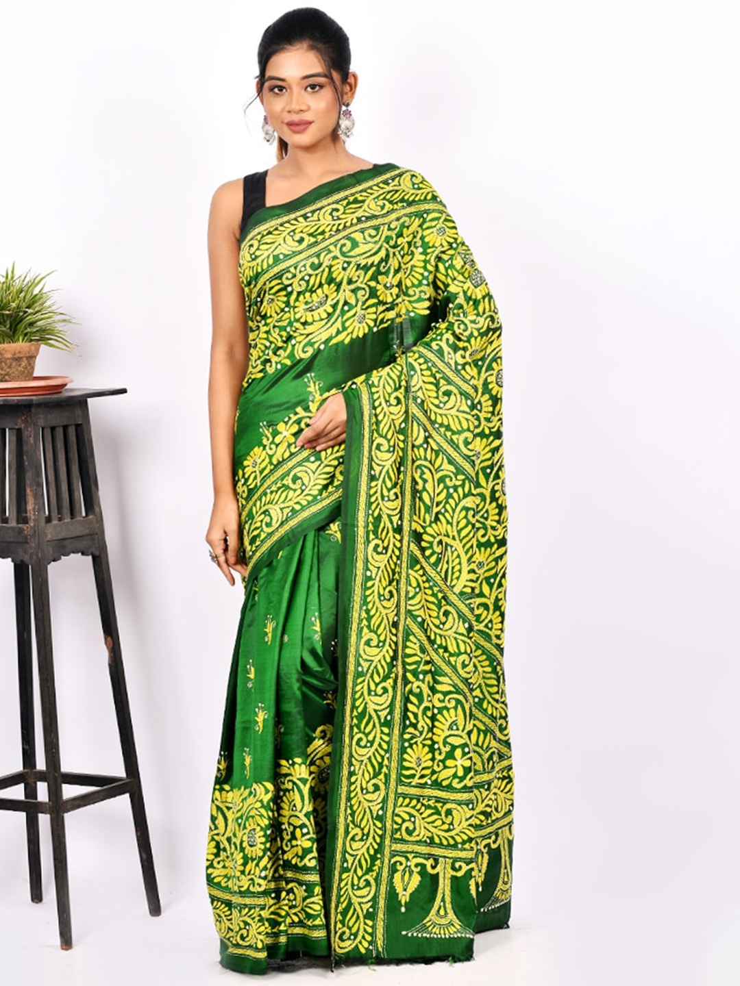 

AllSilks Green & Yellow Floral Kantha Embroidered Pure Silk Murshidabad silk Saree