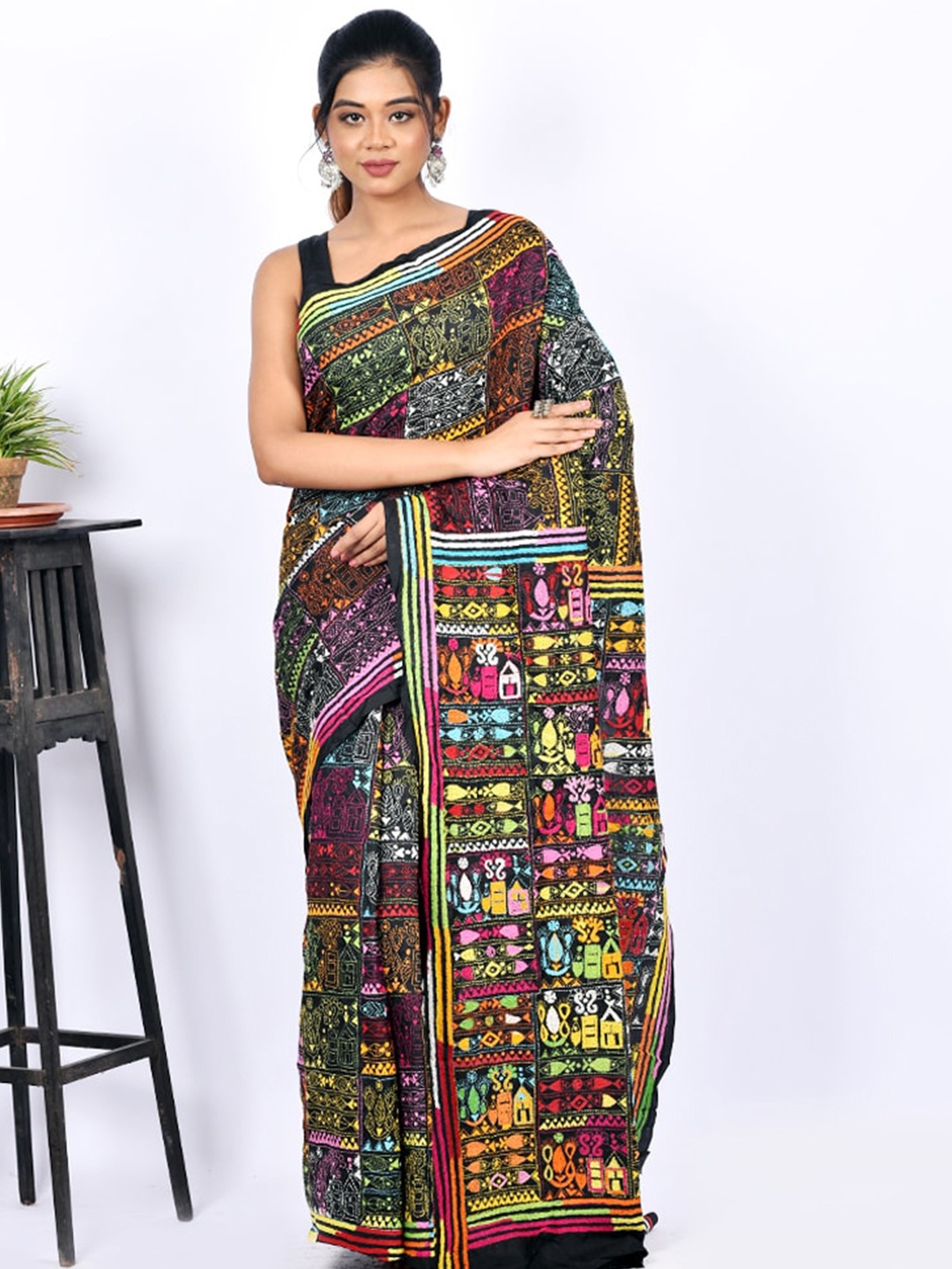 

AllSilks Black & Green Ethnic Motifs Kantha Embroidered Pure Silk Murshidabad silk Saree