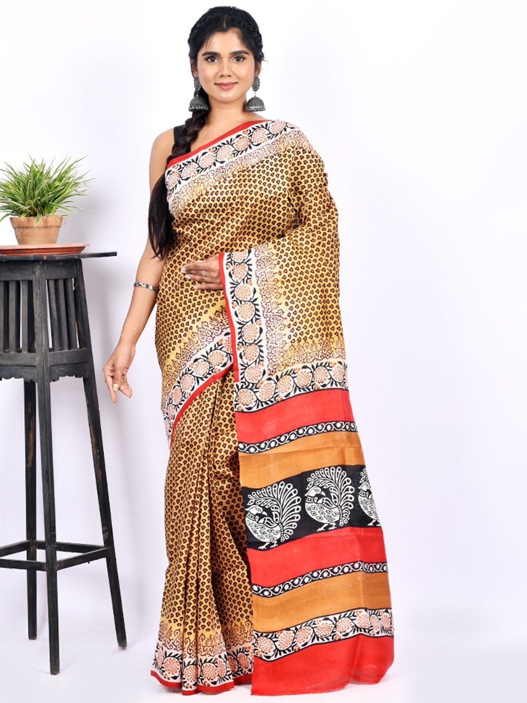 

AllSilks Cream-Coloured & Red Ethnic Motifs Printed Pure Silk Murshidabad silk Saree