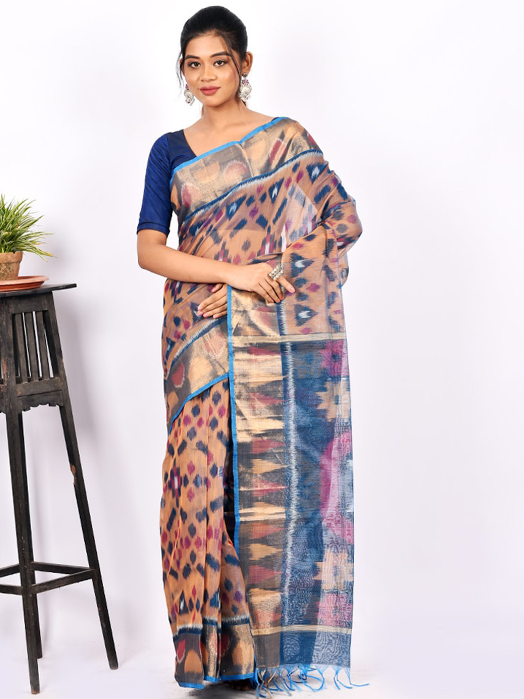 

AllSilks Rust & Blue Woven Design Pure Cotton Zari Saree