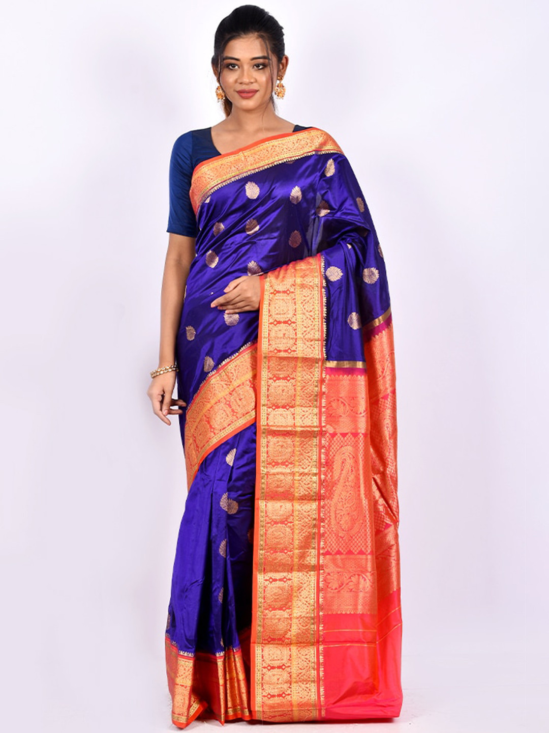 

AllSilks Blue & Red Woven Design Pure Silk Kanjeevaram Zari Saree