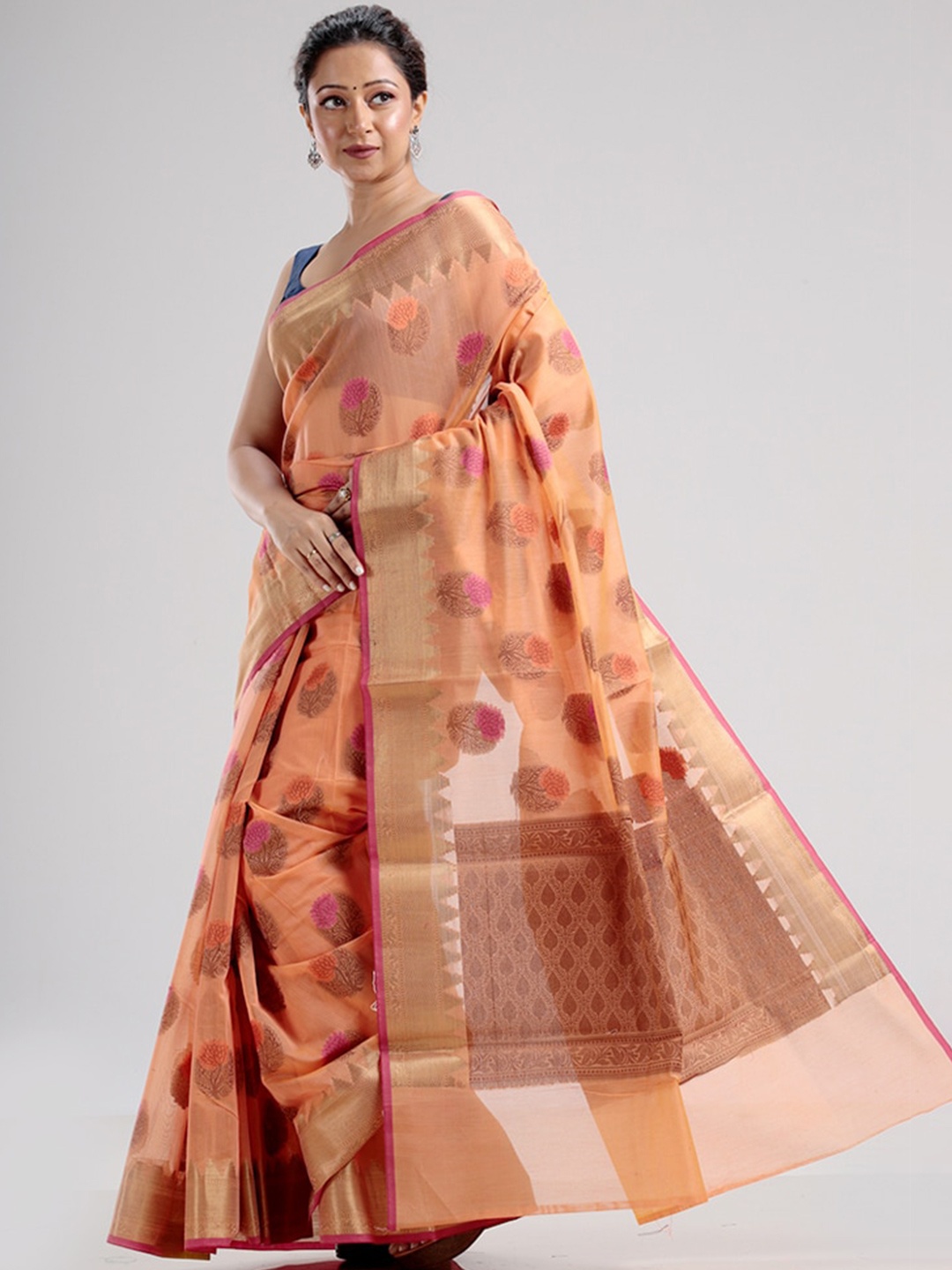 

AllSilks Light Orange & Gold-Toned Woven Design Silk Blend Zari Saree