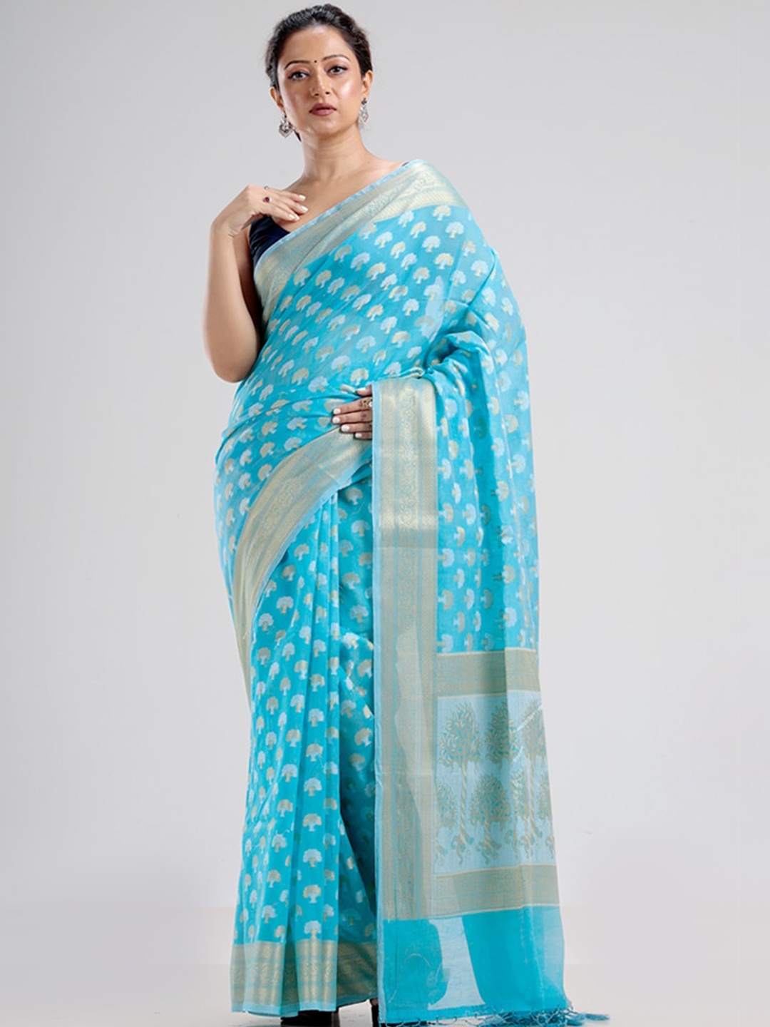 

AllSilks Blue & Gold-Toned Woven Design Silk Blend Zari Saree