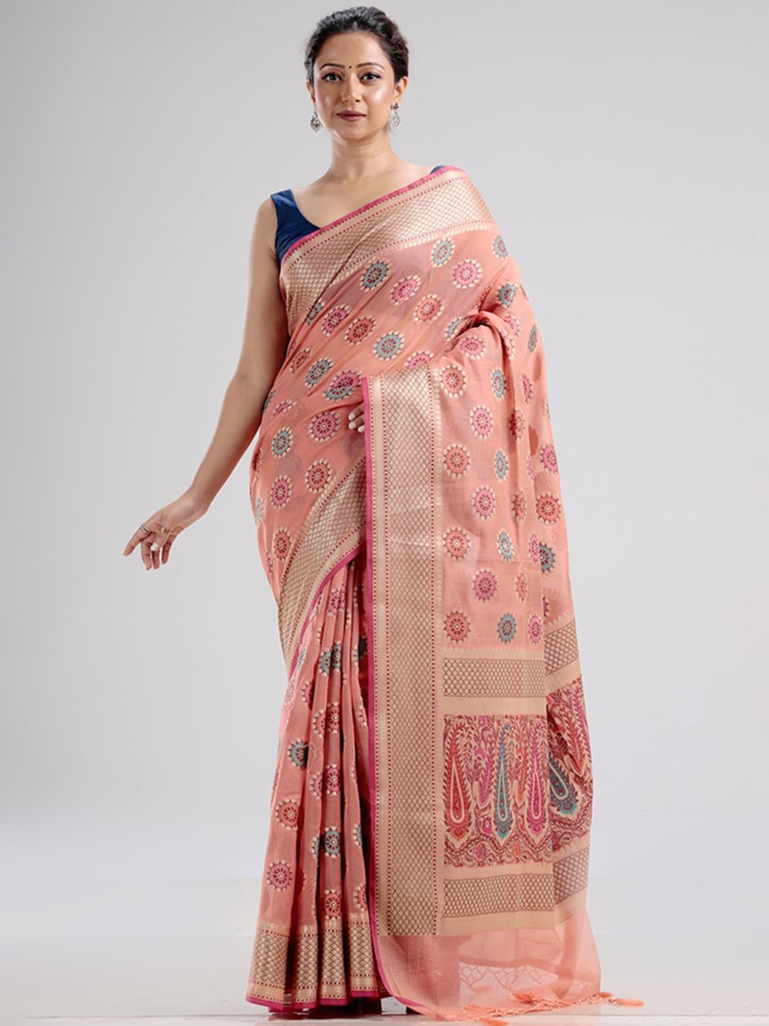 

AllSilks Pink & Blue Ethnic Motifs Printed Silk Blend Zari Saree