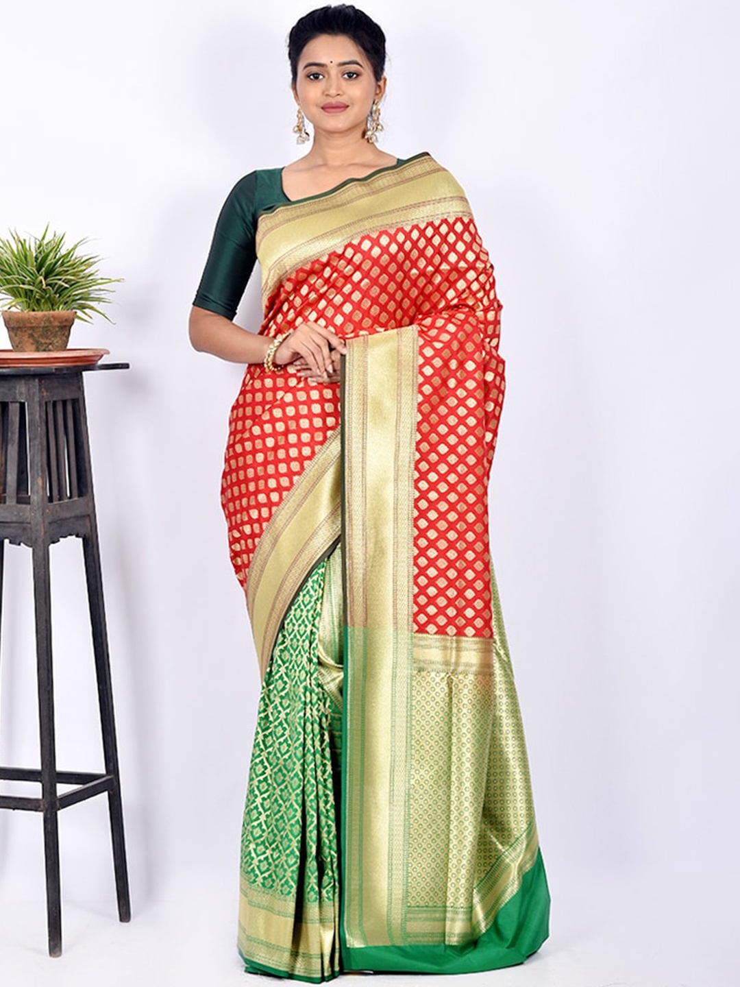 

AllSilks Red & Green Woven Design Silk Blend Zari Uppada Saree
