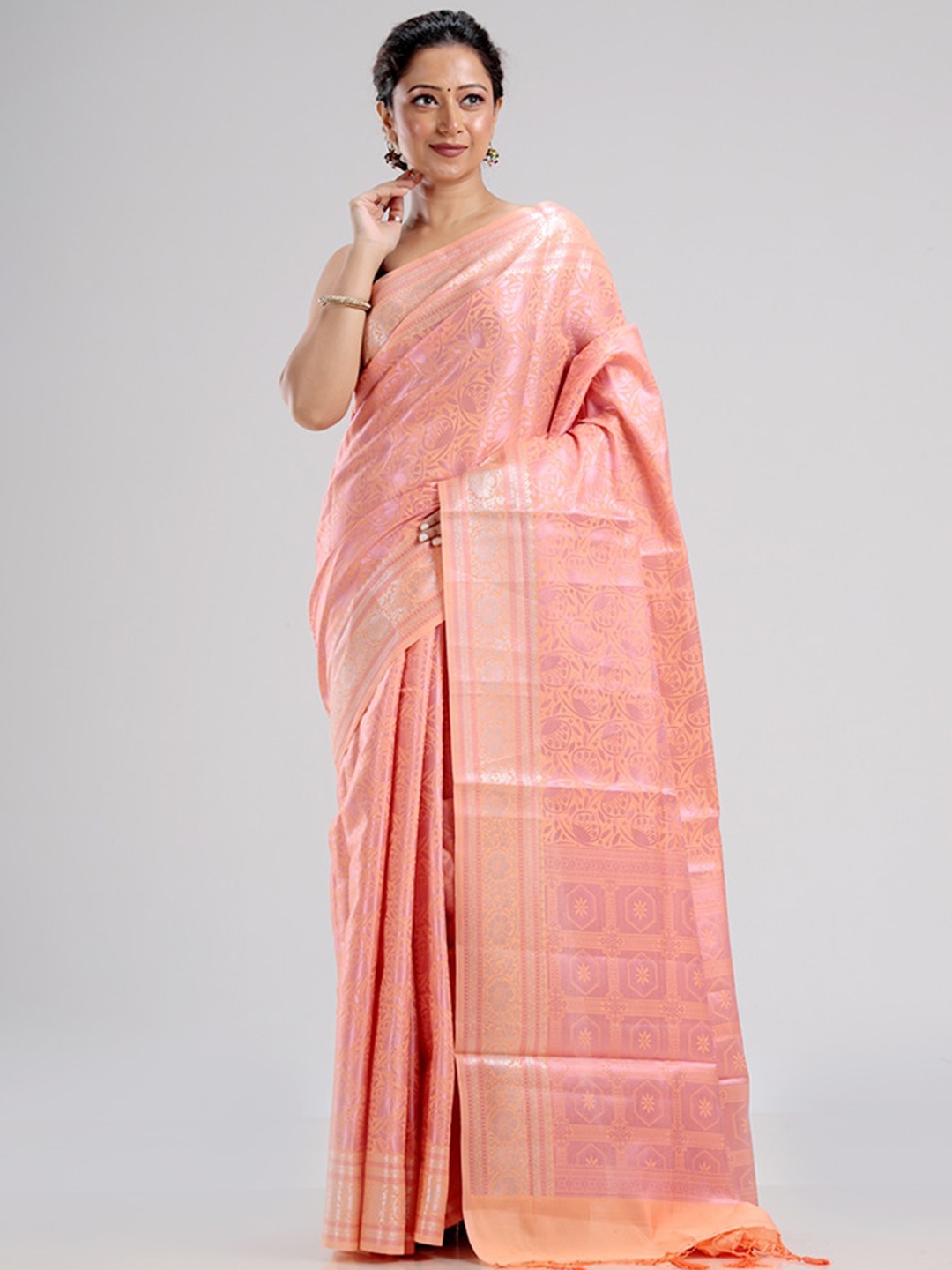 

AllSilks Peach-Coloured & Silver-Toned Woven Design Silk Blend Zari Saree