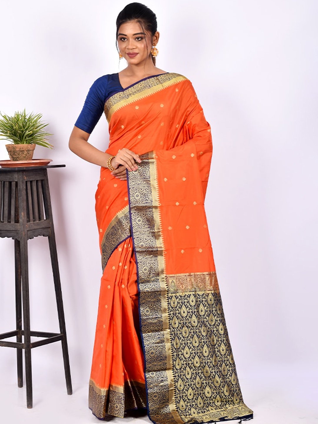 

AllSilks Orange & Navy Blue Woven Design Silk Blend Kanjeevaram Zari Saree