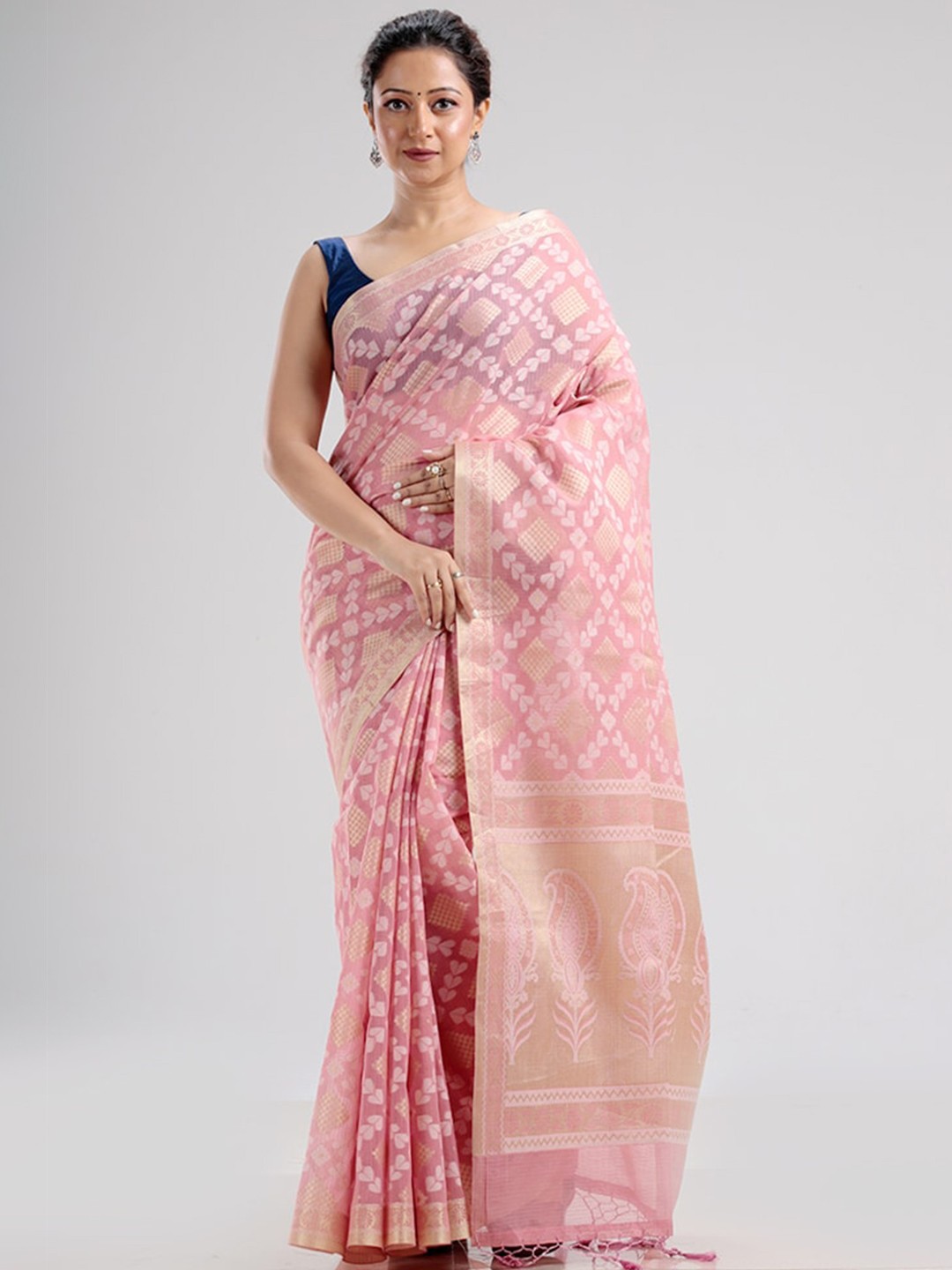 

AllSilks Pink & Gold-Toned Woven Design Silk Blend Zari Saree