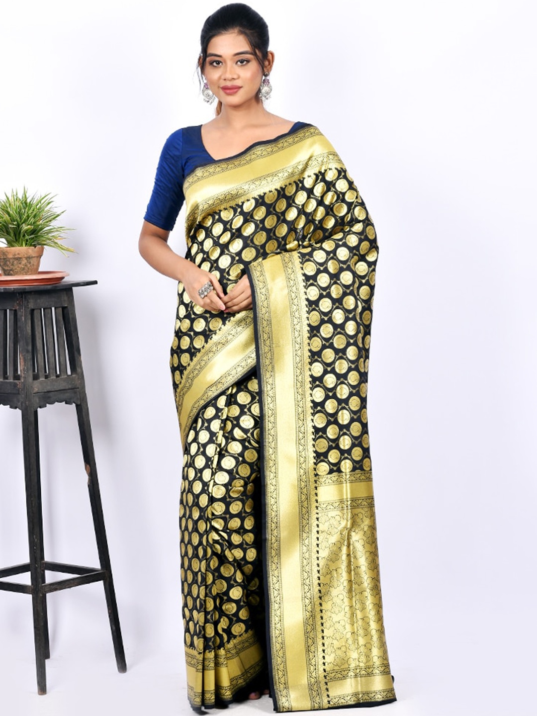 

AllSilks Black & Gold-Toned Woven Design Silk Blend Zari Uppada Saree