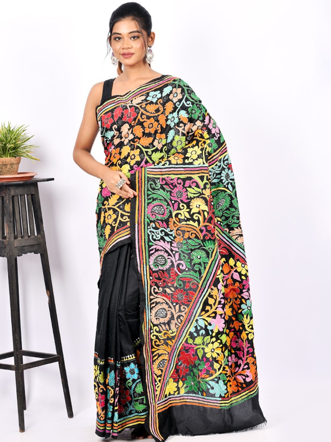 

AllSilks Black & Green Floral Kantha Embroidered Pure Silk Murshidabad Saree