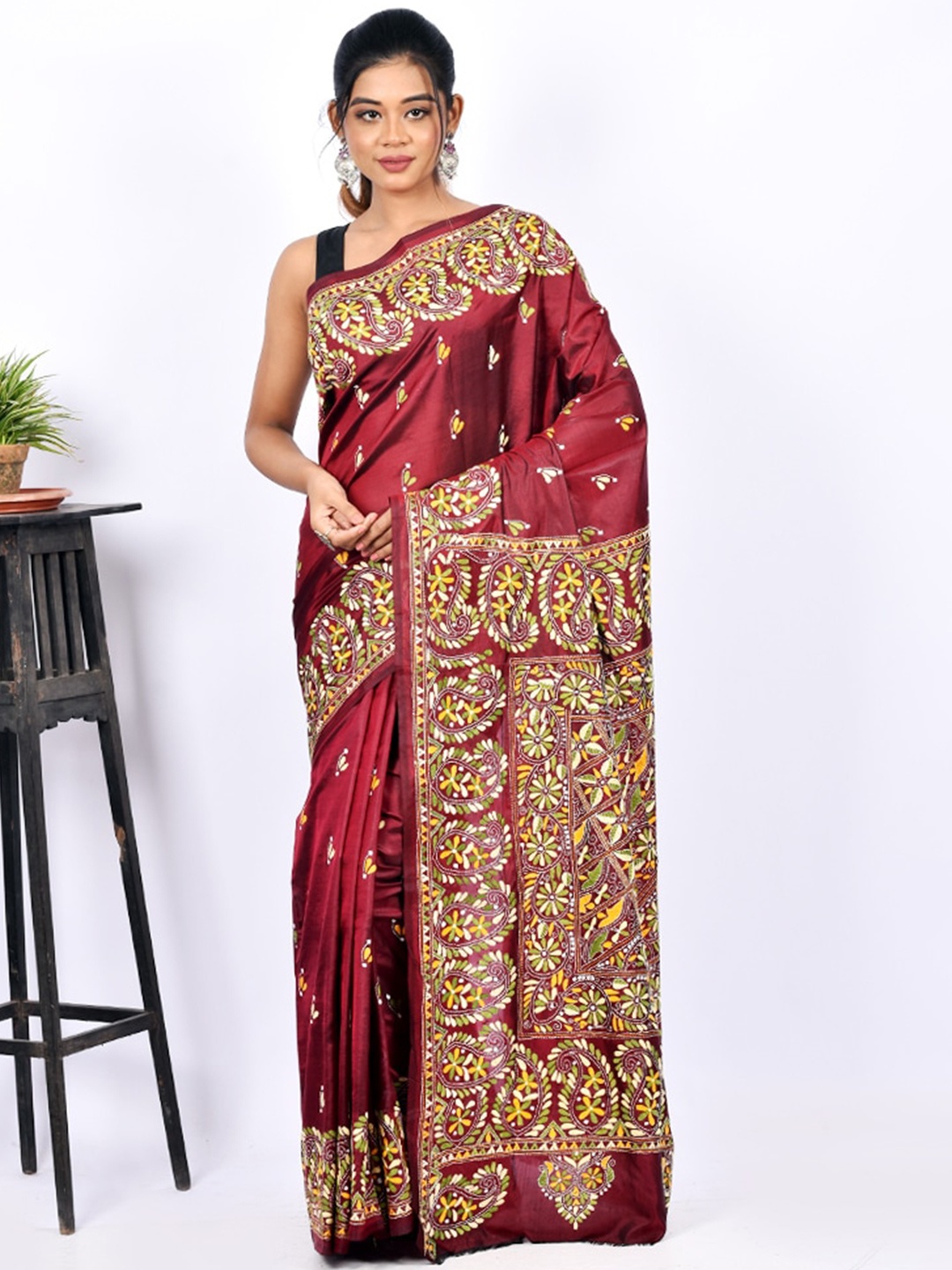 

AllSilks Maroon & Yellow Paisley Kantha Embroidered Pure Silk Murshidabad Saree