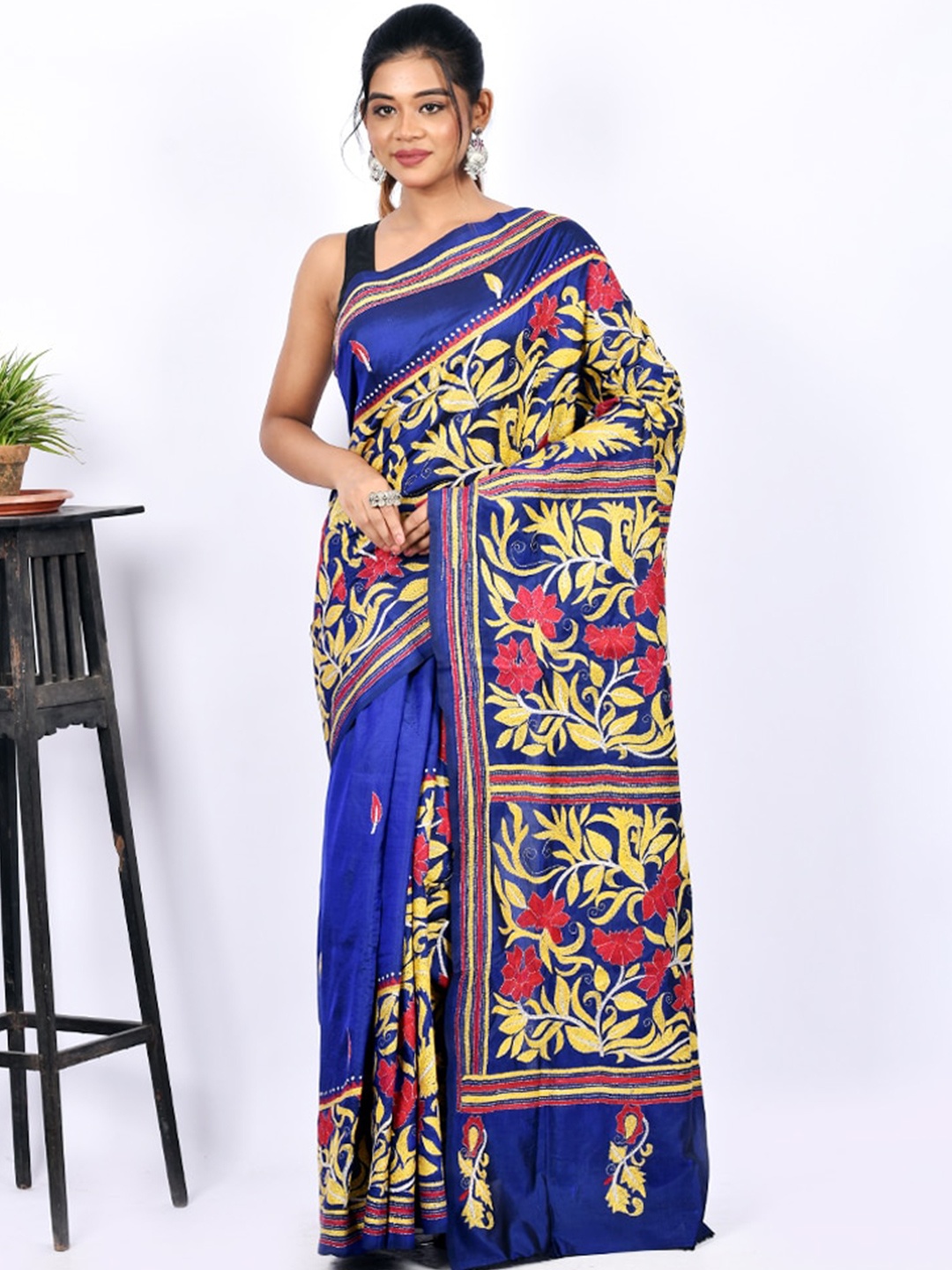 

AllSilks Blue & Yellow Floral Kantha Embroidered Pure Silk Murshidabad Saree