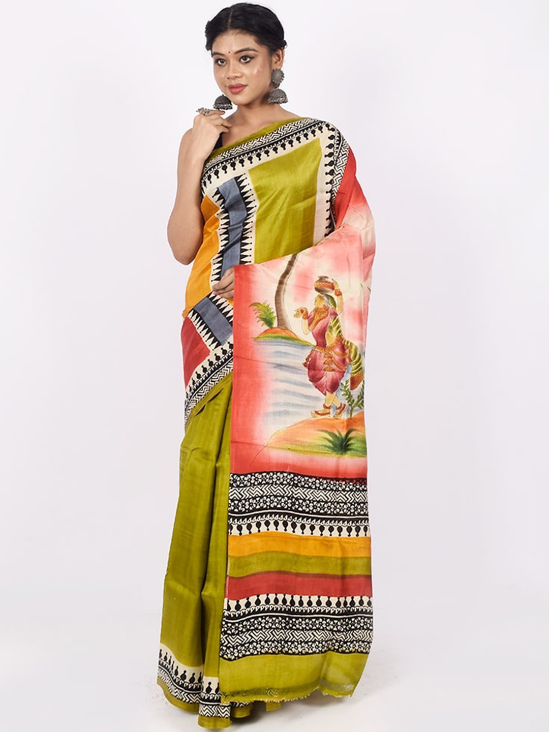 

AllSilks Green & Coral Ethnic Motifs Pure Silk Murshidabad silk Saree
