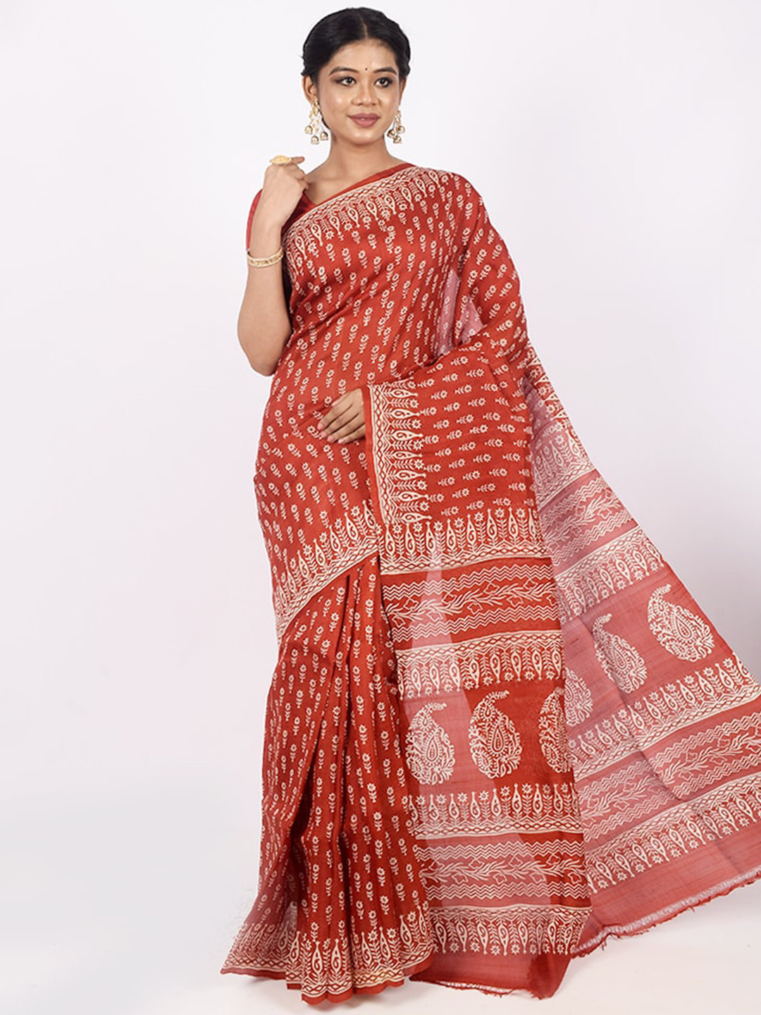 

AllSilks Rust & White Ethnic Motifs Pure Silk Murshidabad silk Saree