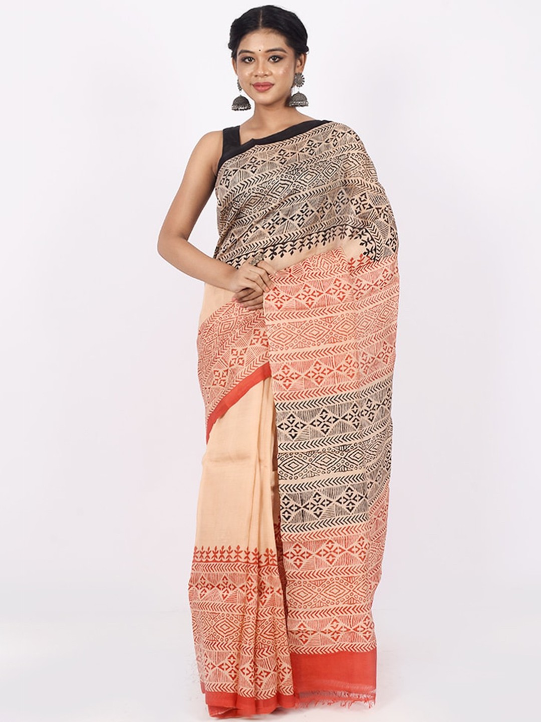 

AllSilks Cream-Coloured & Orange Pure Silk Murshidabad silk Saree