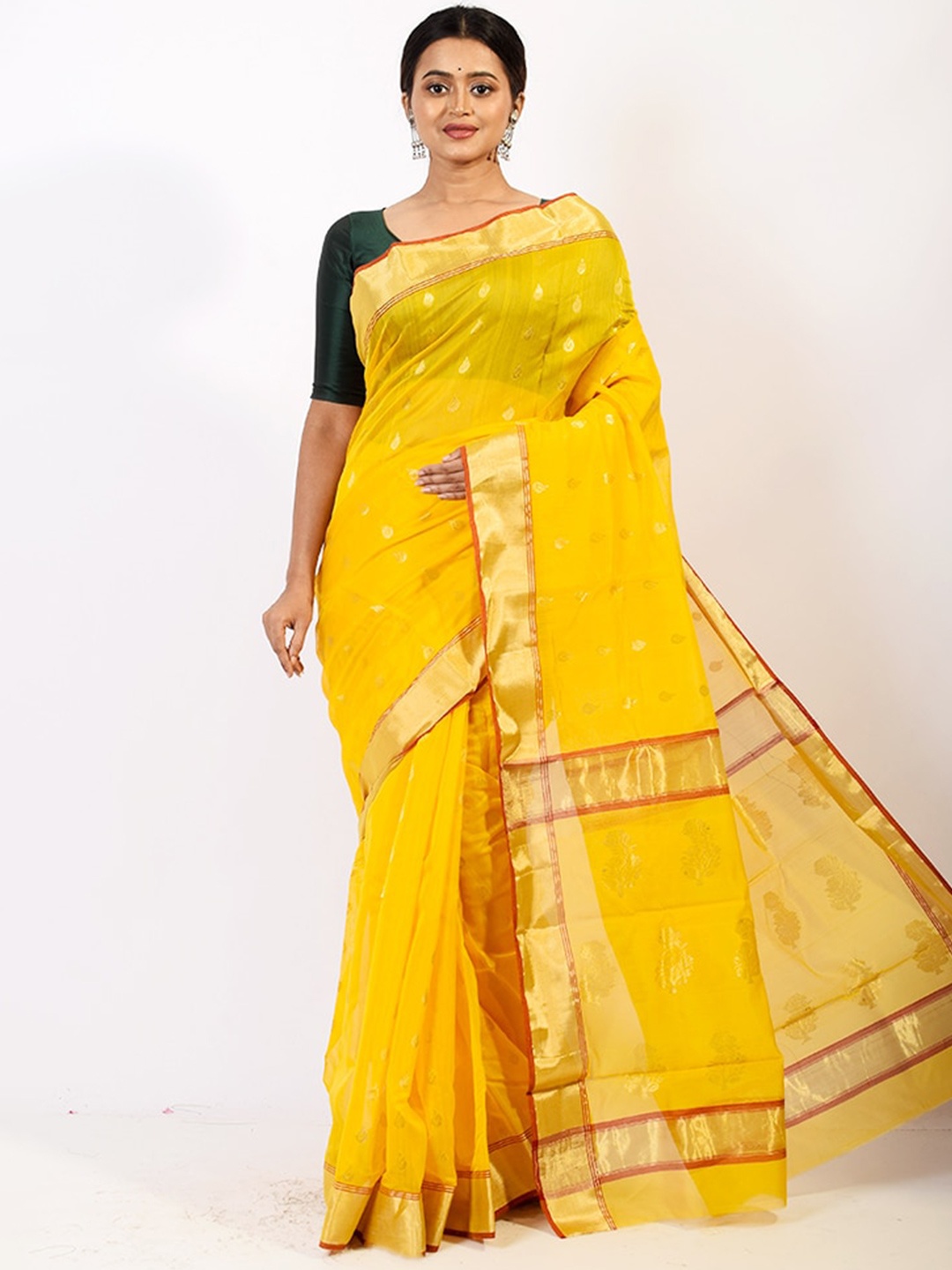 

AllSilks Yellow & Gold-Toned Ethnic Motifs Zari Pure Silk Chanderi Saree