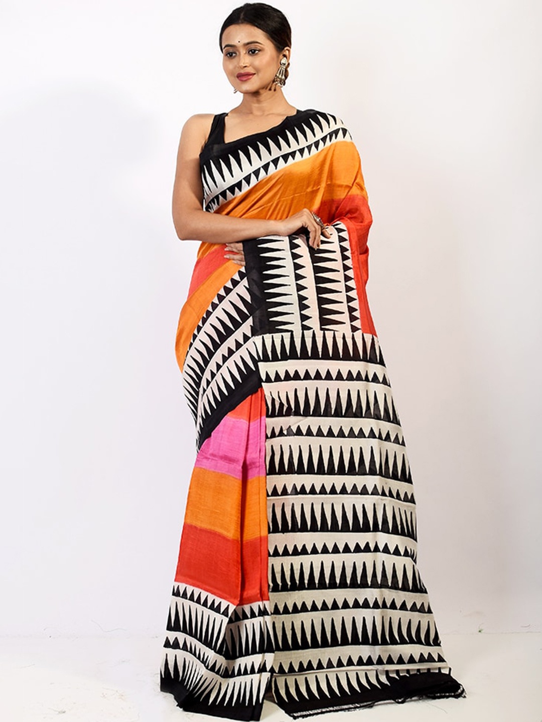 

AllSilks Orange & Black Pure Silk Murshidabad Saree