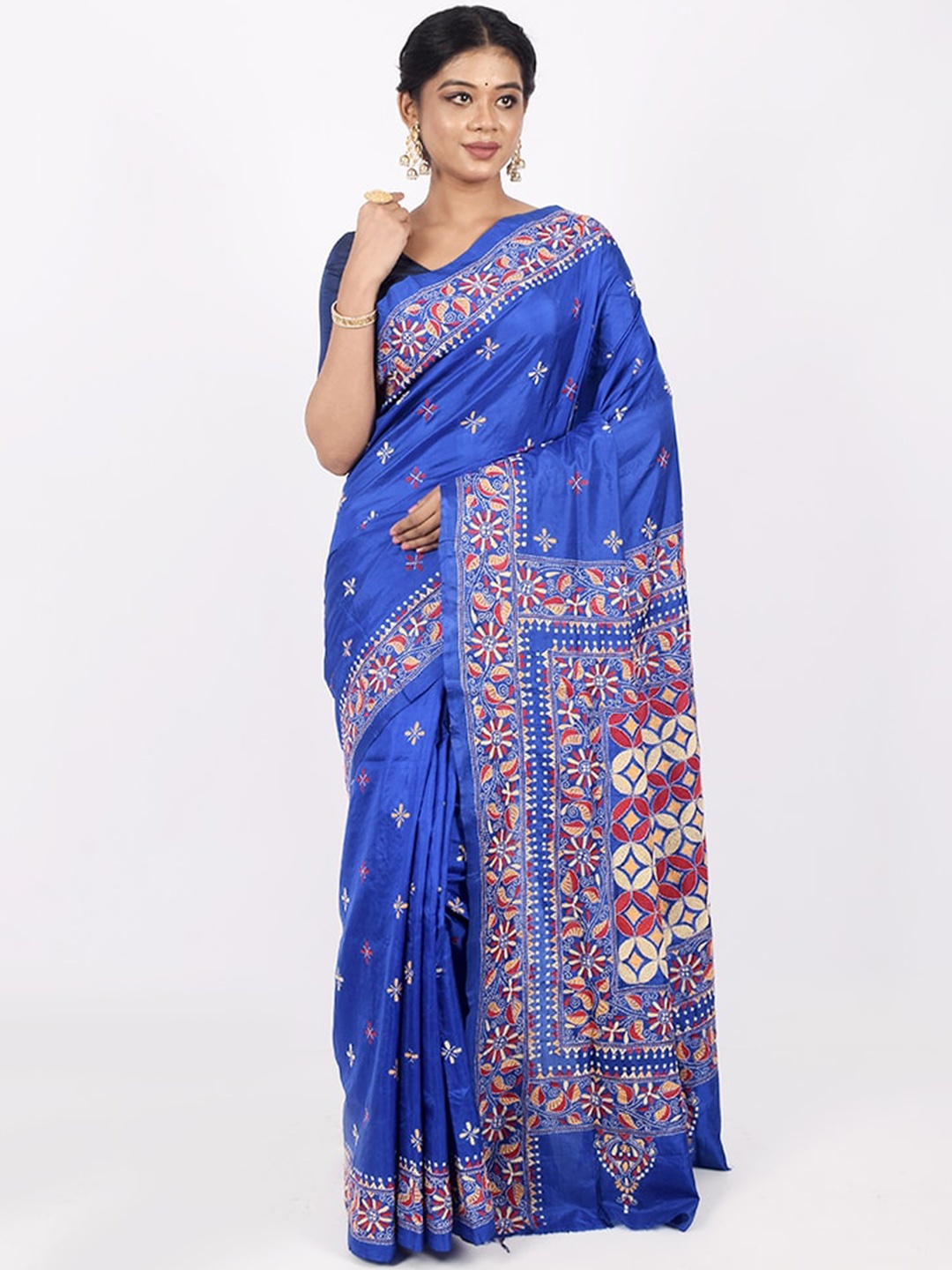 

AllSilks Blue & Red Floral Embroidered Pure Silk Murshidabad Saree
