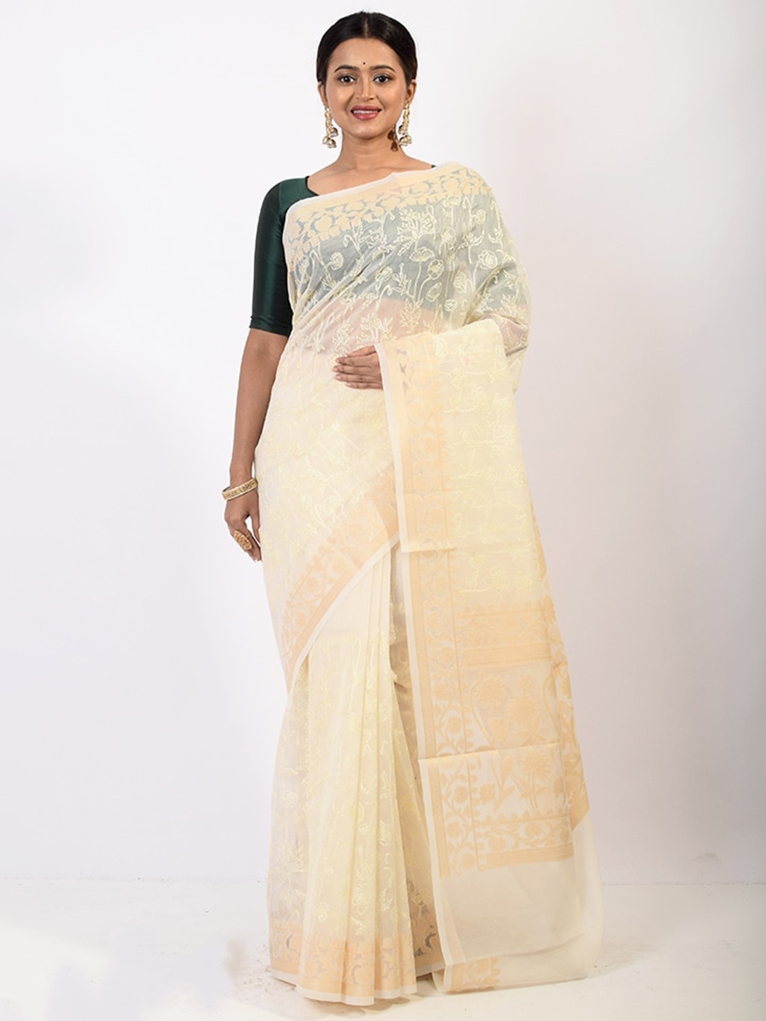 

AllSilks White Floral Zari Silk Blend Saree