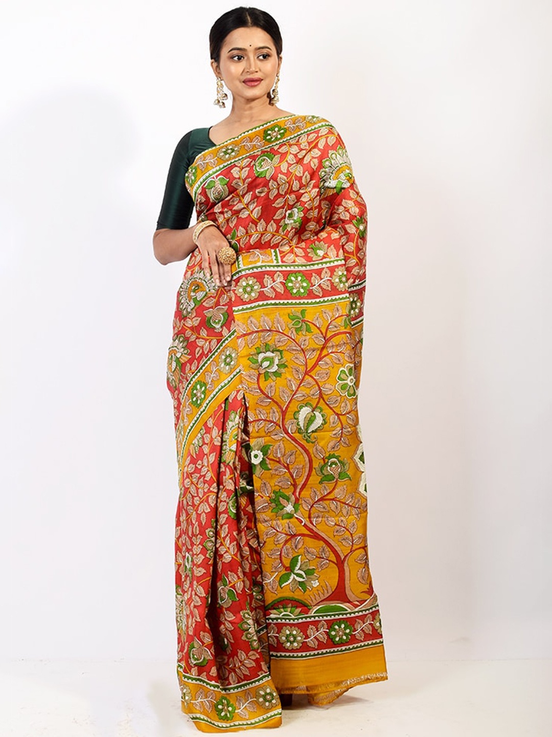 

AllSilks Red & Yellow Ethnic Motifs Pure Silk Murshidabad Saree
