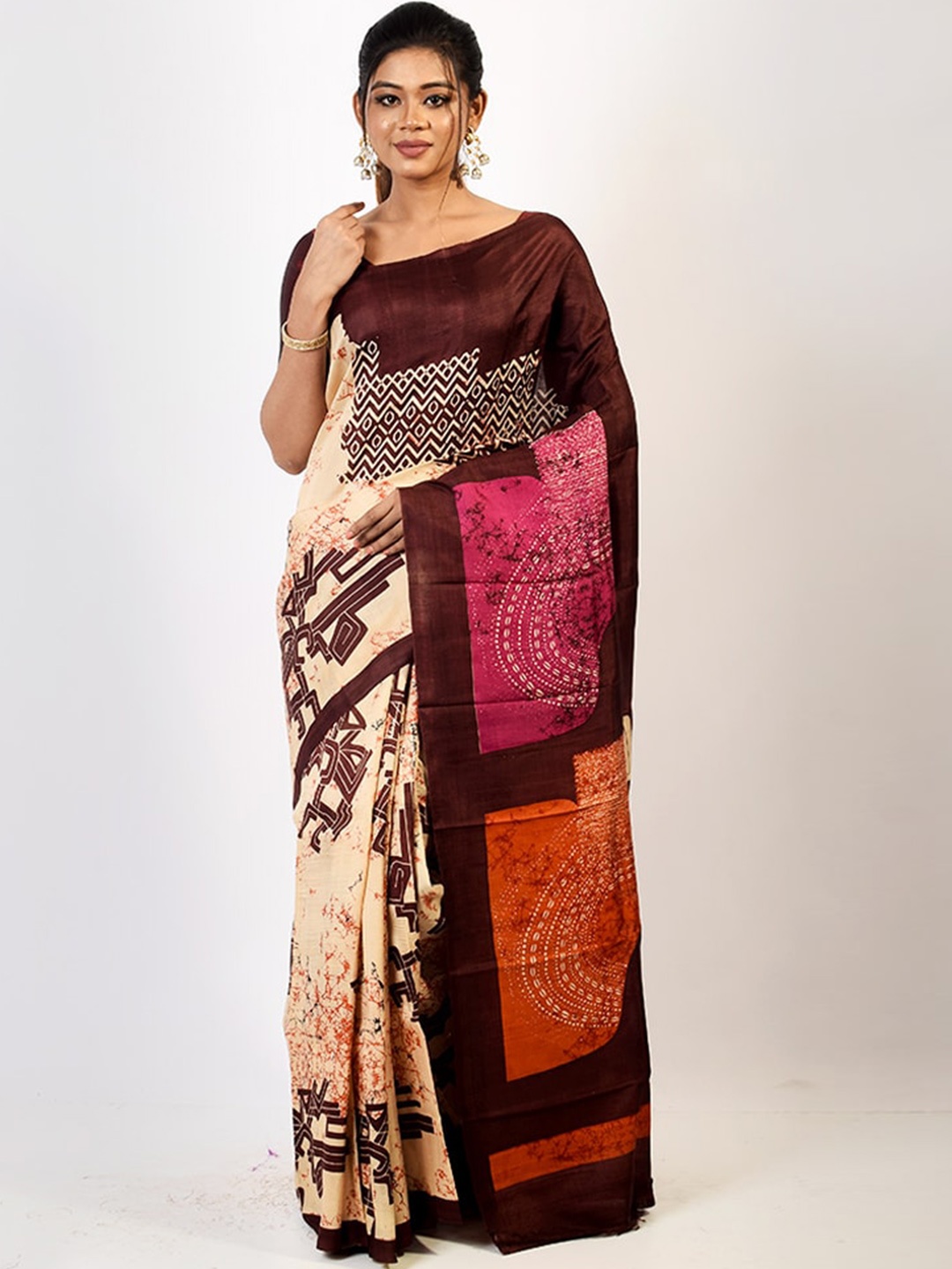 

AllSilks Cream-Coloured & Brown Pure Silk Murshidabad Saree