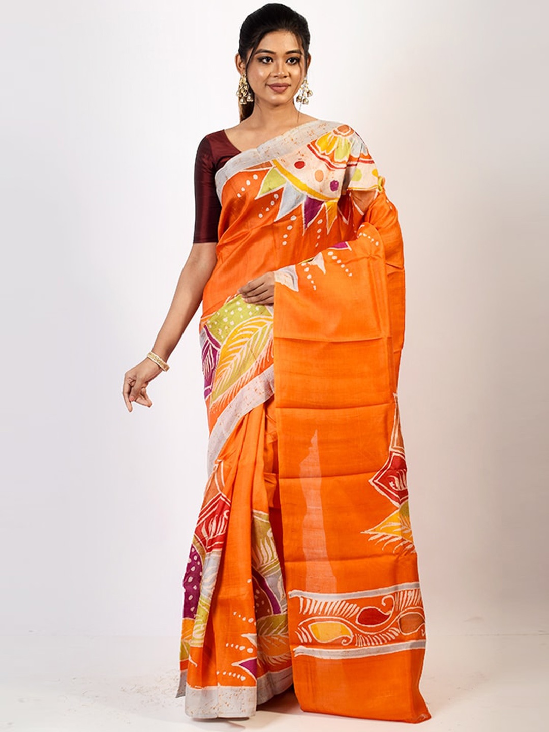 

AllSilks Orange & Yellow Floral Pure Silk Murshidabad Saree