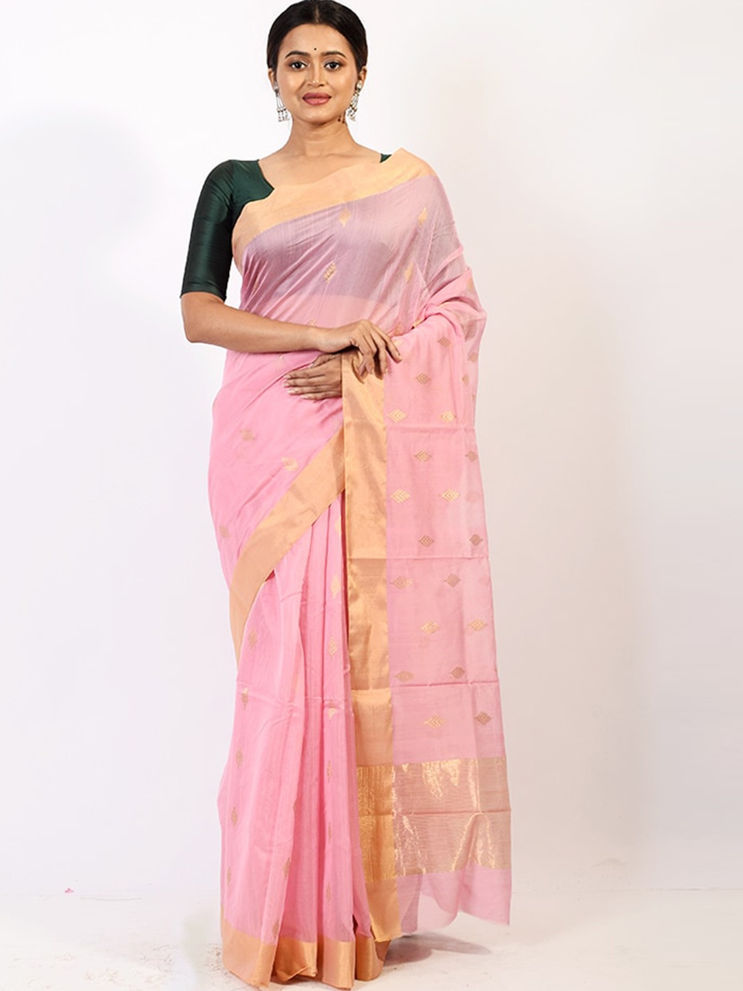 

AllSilks Pink & Gold-Toned Ethnic Motifs Zari Silk Blend Chanderi Saree