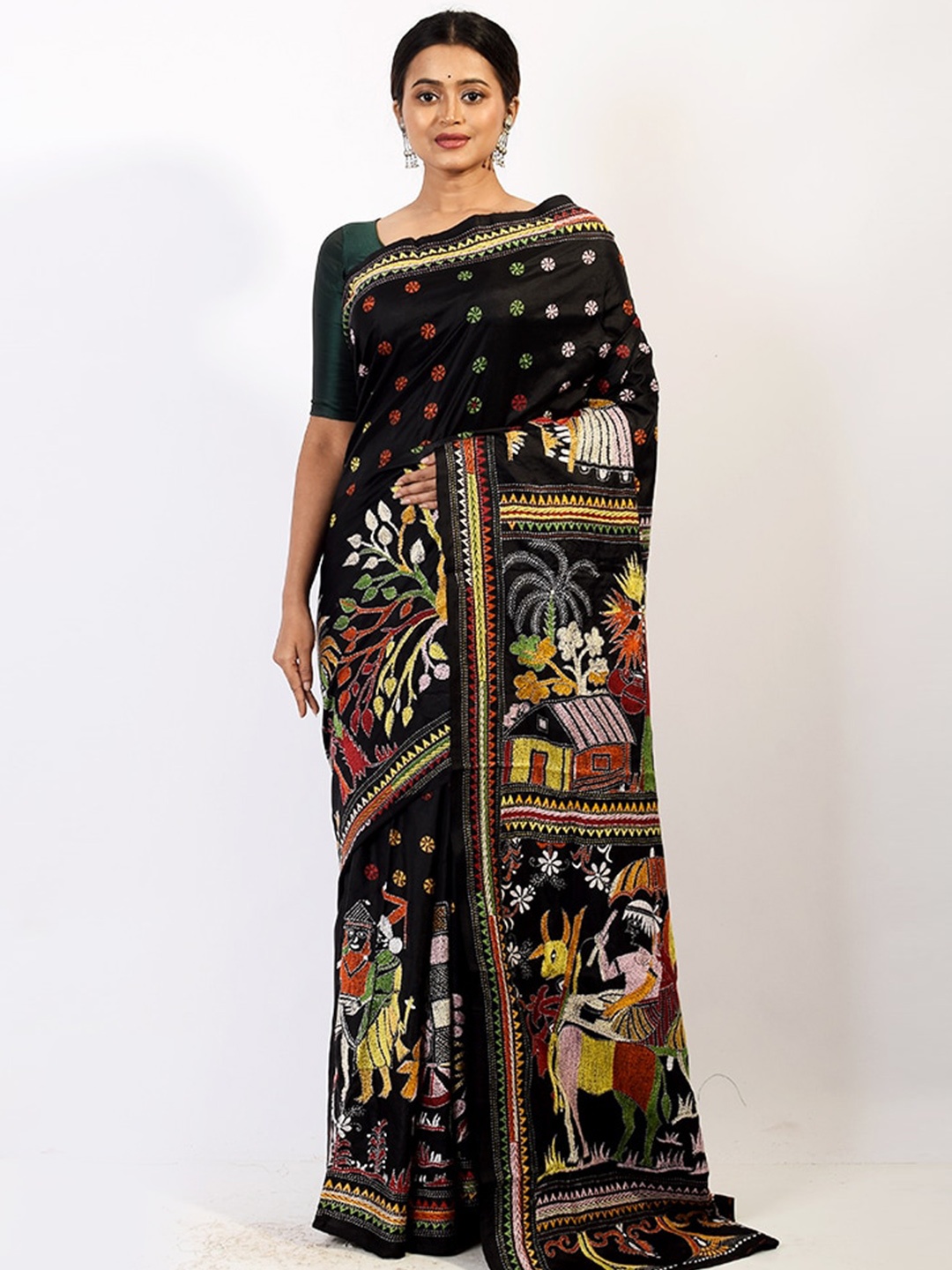 

AllSilks Black & Yellow Floral Embroidered Pure Silk Murshidabad Saree