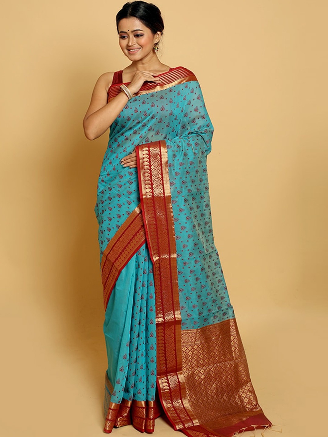 

AllSilks Blue & Maroon Ethnic Motifs Zari Pure Cotton Saree