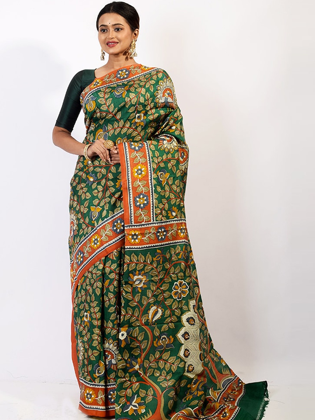 

AllSilks Green & Orange Floral Pure Silk Murshidabad Saree