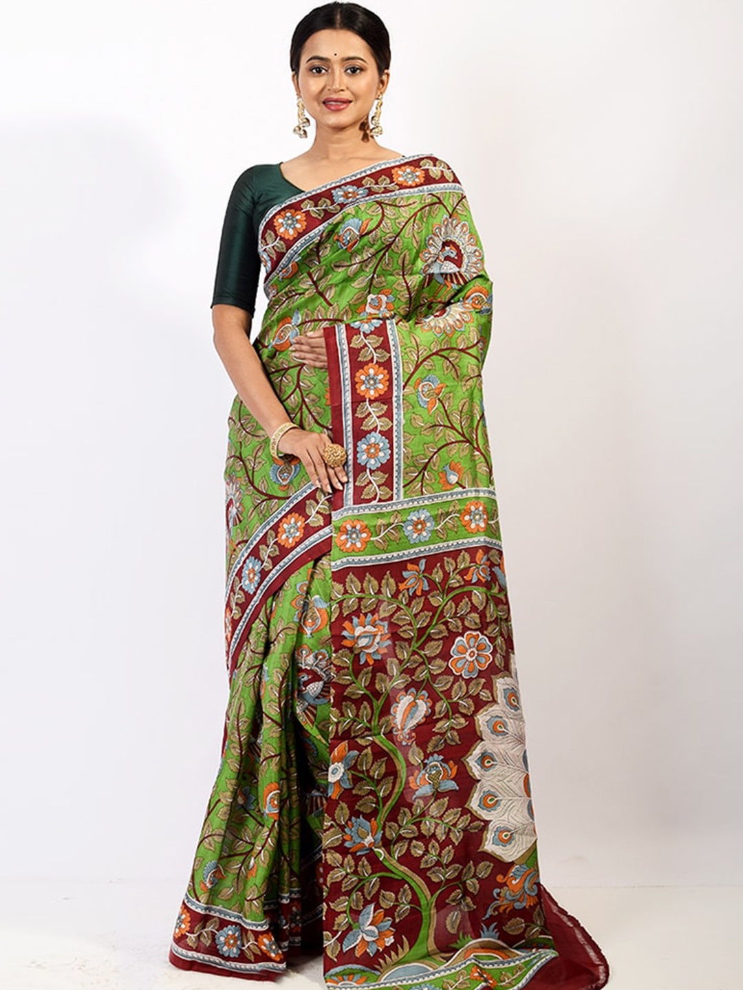 

AllSilks Green & Maroon Floral Pure Silk Murshidabad Saree