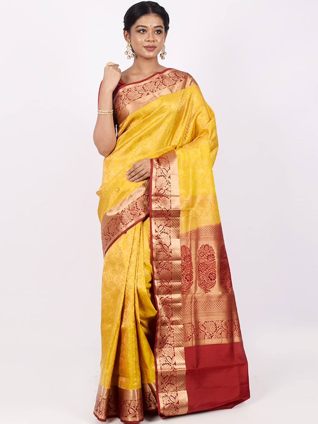 

AllSilks Yellow & Red Floral Zari Pure Silk Kanjeevaram Saree