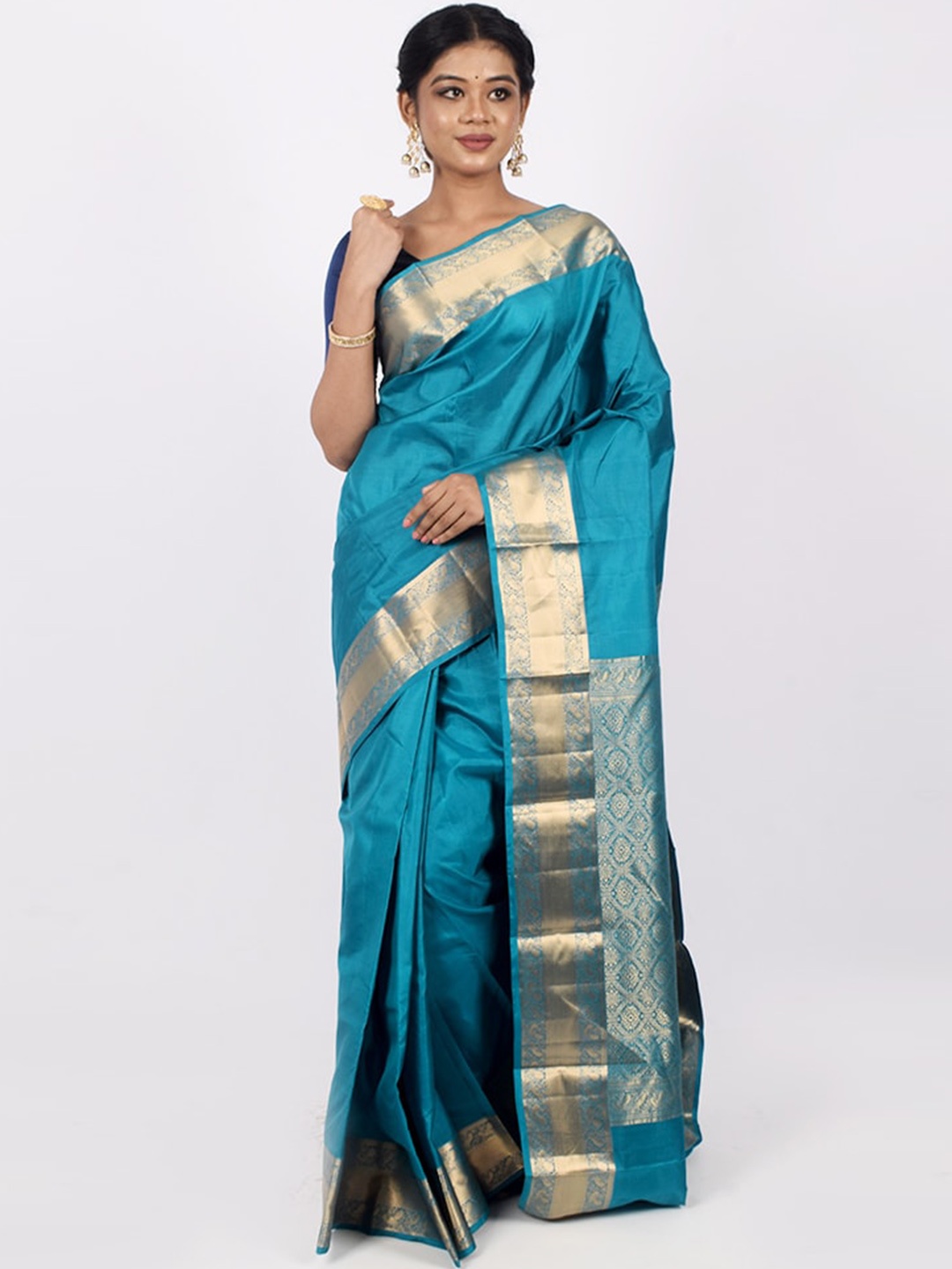 

AllSilks Blue & Gold-Toned Zari Pure Silk Kanjeevaram Saree