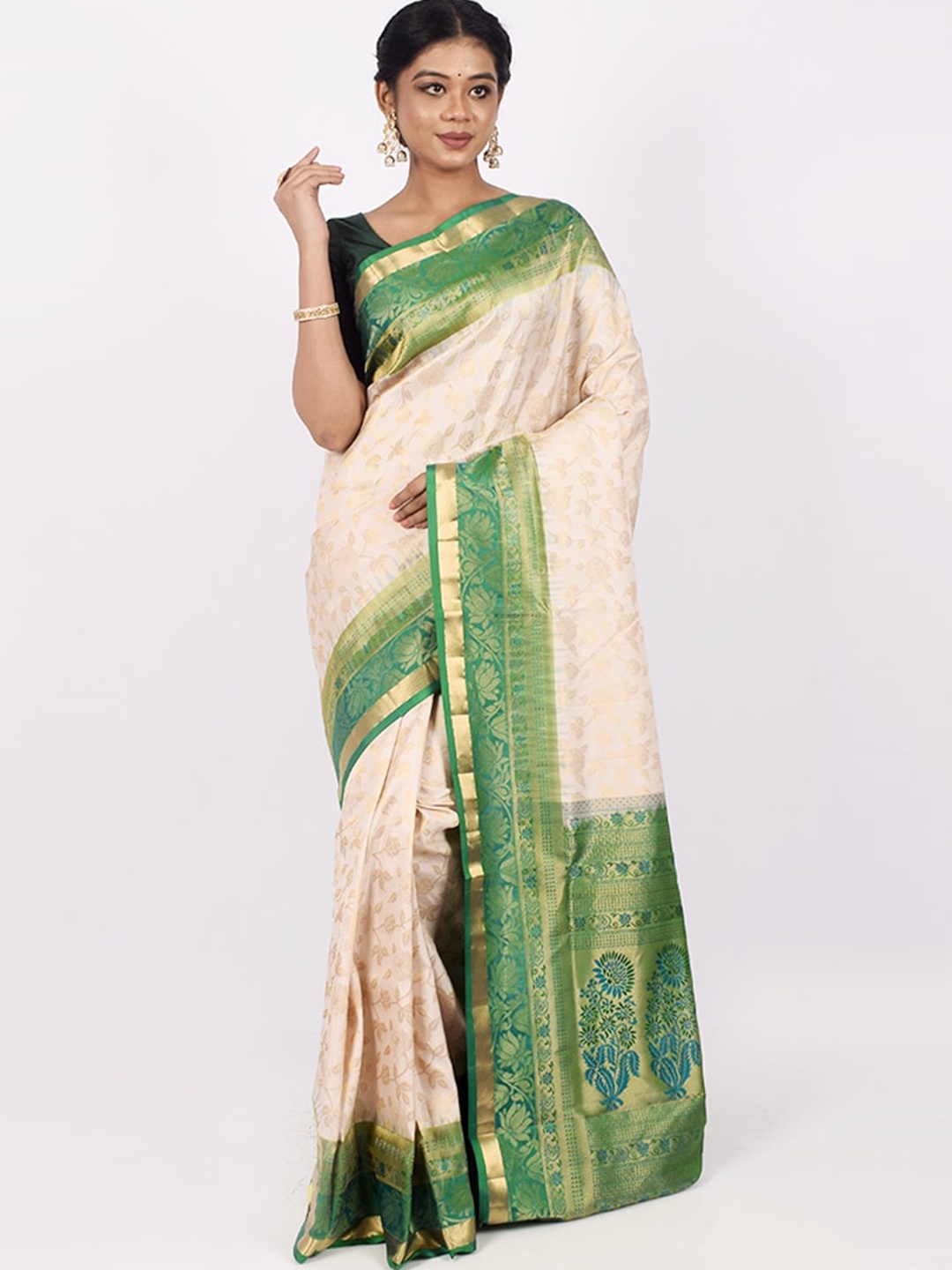 

AllSilks Off White & Green Floral Zari Pure Silk Kanjeevaram Saree