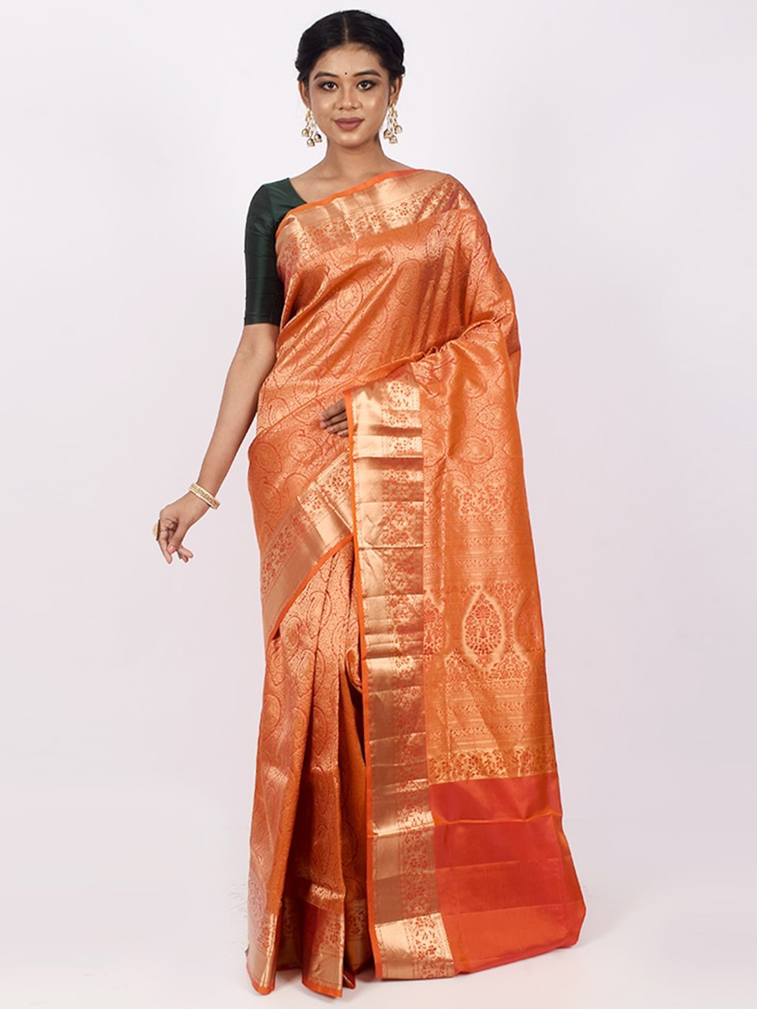 

AllSilks Peach-Coloured & Gold-Toned Paisley Zari Pure Silk Kanjeevaram Saree