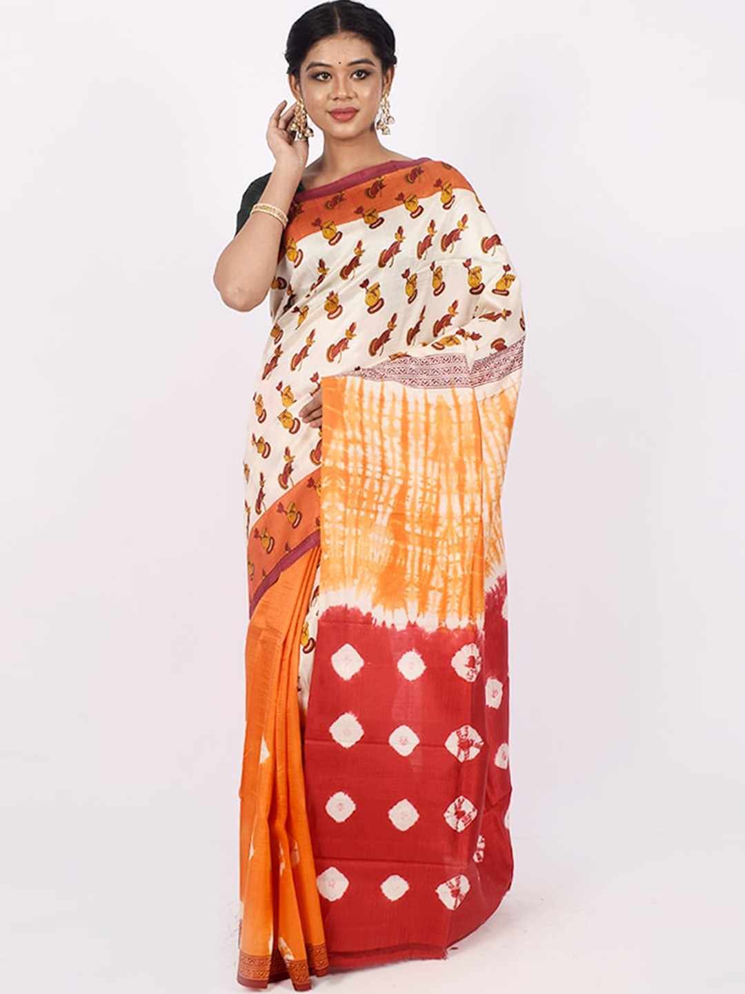 

AllSilks Cream-Coloured & Orange Ethnic Motifs Pure Silk Murshidabad silk Saree