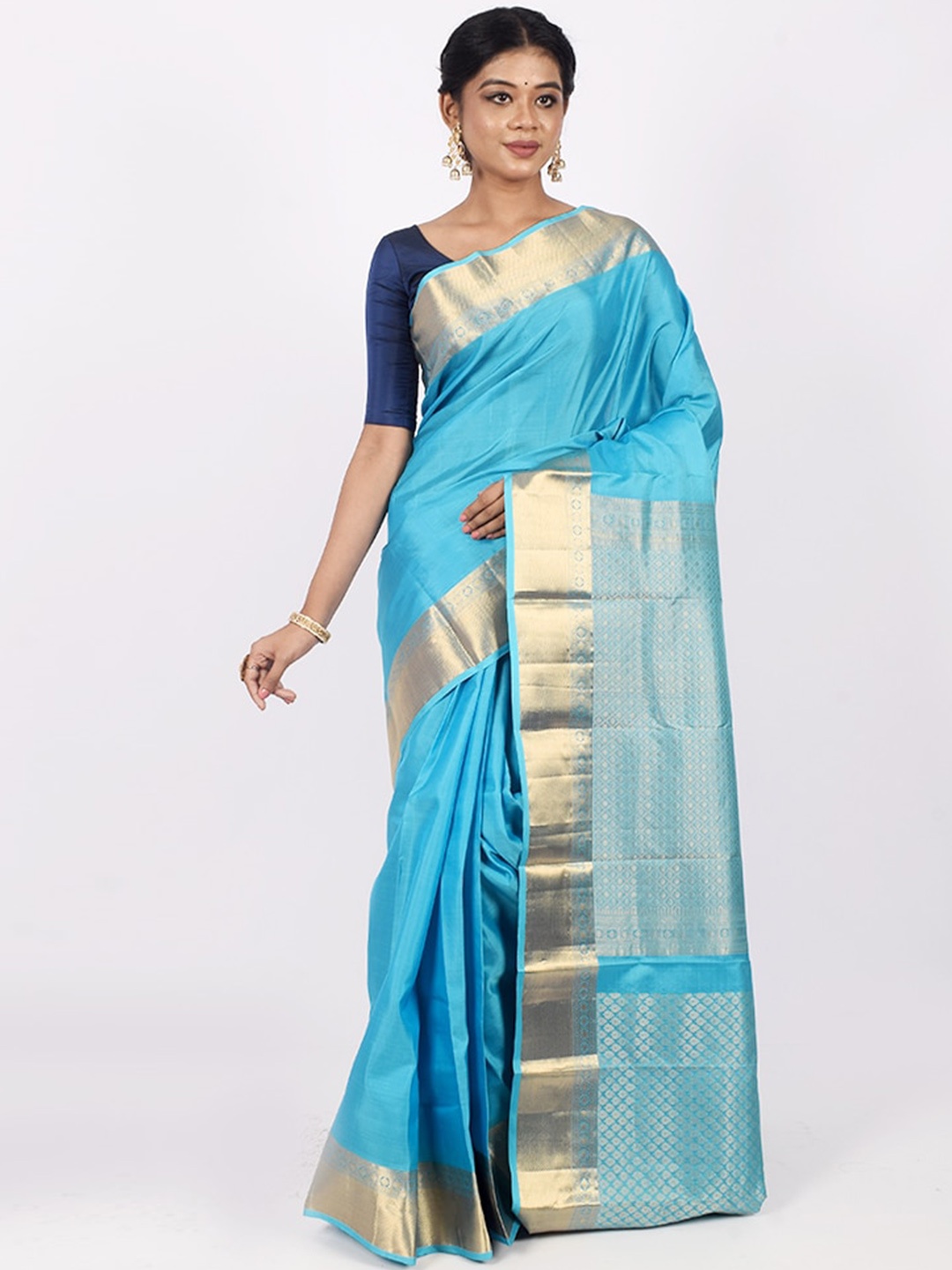 

AllSilks Blue & Gold-Toned Woven Design Zari Pure Silk Kanjeevaram Saree