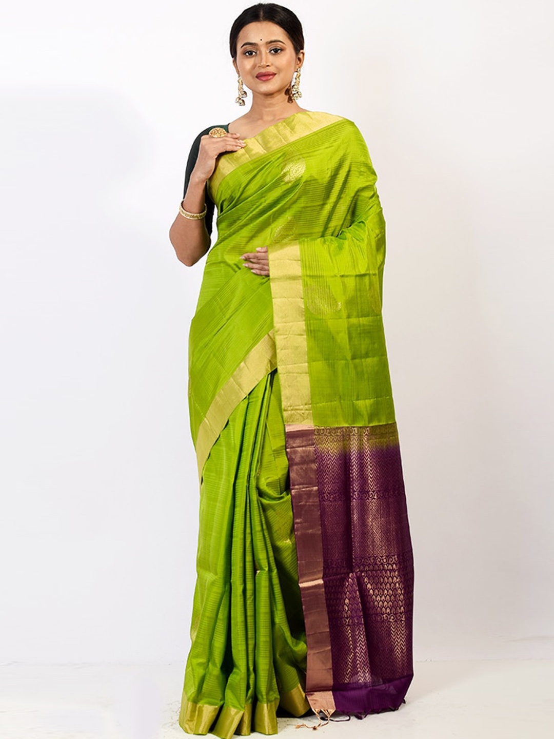 

AllSilks Green & Violet Paisley Zari Pure Silk Kanjeevaram Saree