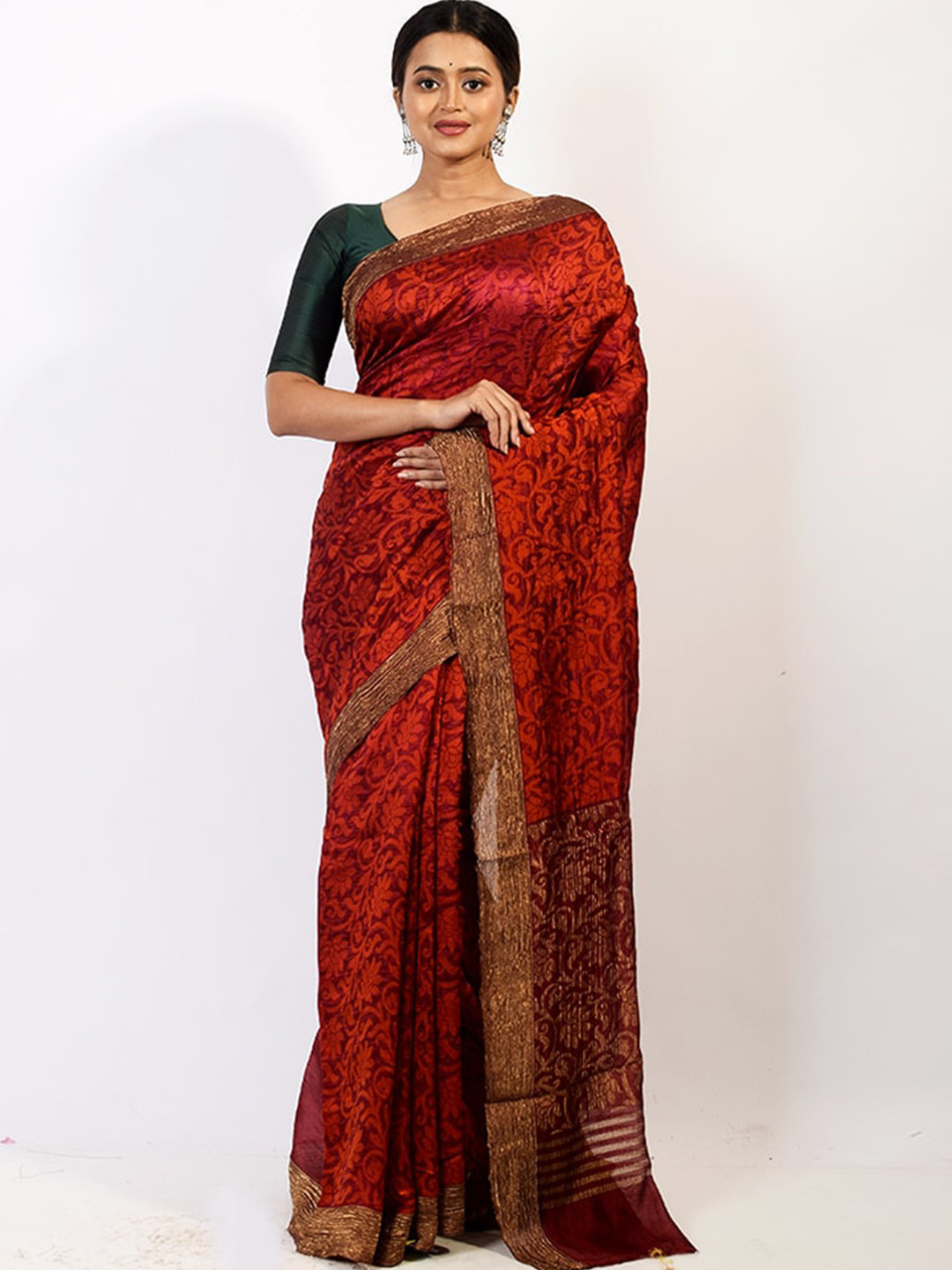 

AllSilks Rust & Gold-Toned Floral Zari Silk Blend Saree
