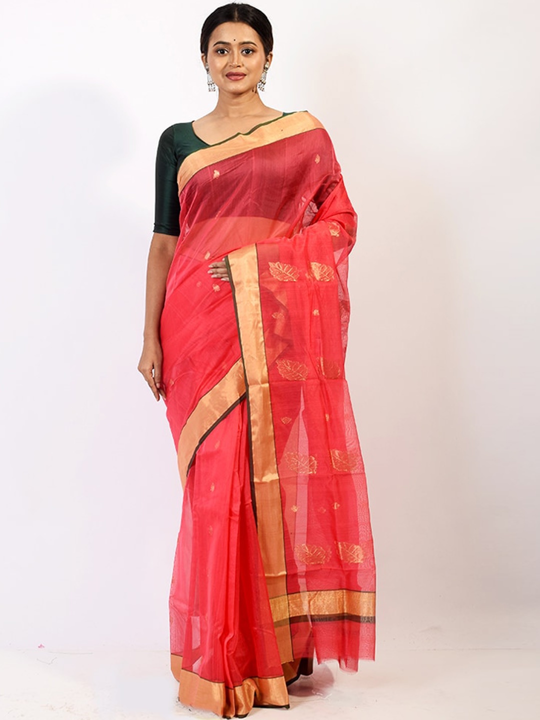 

AllSilks Pink & Gold-Toned Ethnic Motifs Zari Silk Blend Chanderi Saree