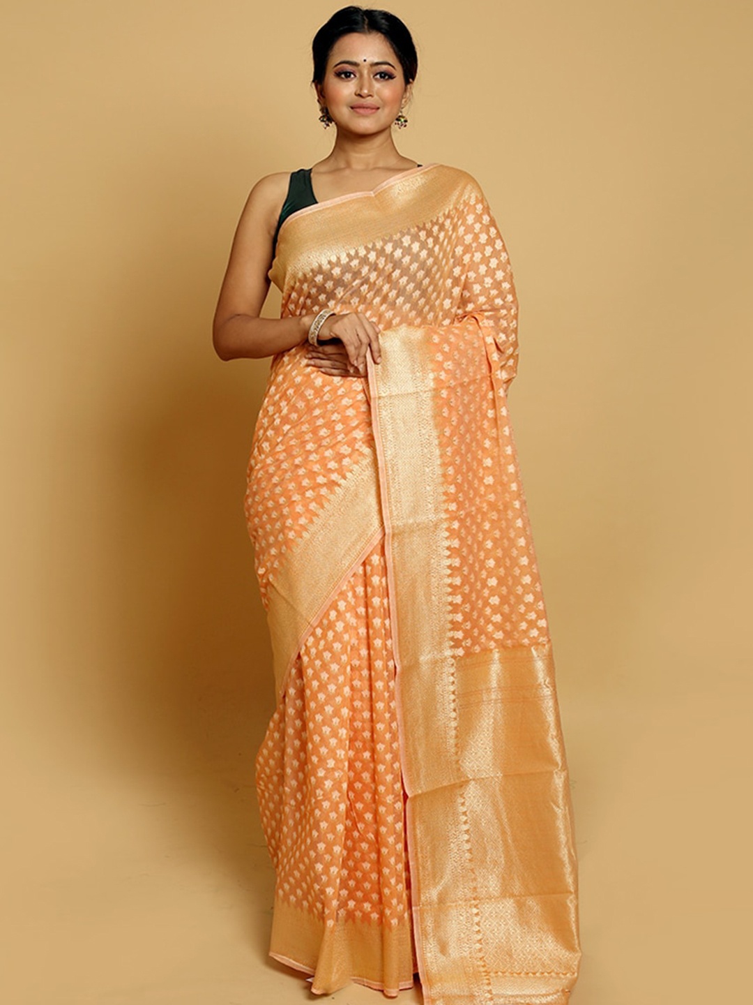 

AllSilks Peach-Coloured & Gold-Toned Ethnic Motifs Zari Silk Blend Saree