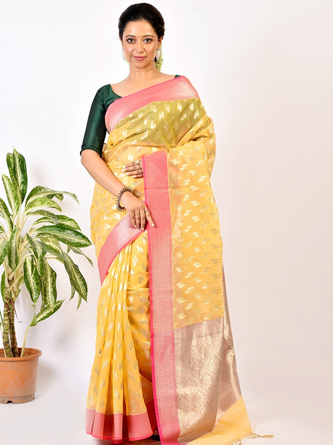 

AllSilks Yellow & Pink Floral Zari Silk Blend Saree