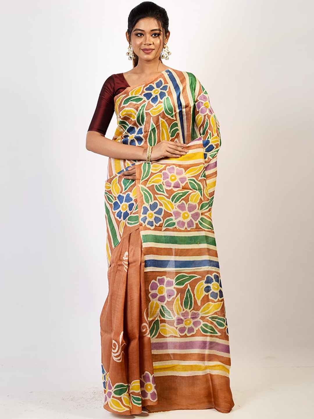 

AllSilks Cream-Coloured & Mustard Floral Pure Silk Murshidabad silk Saree