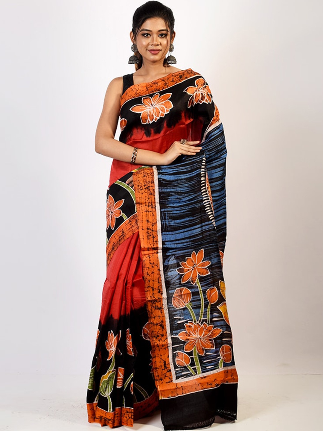 

AllSilks Red & Black Floral Pure Silk Murshidabad silk Saree