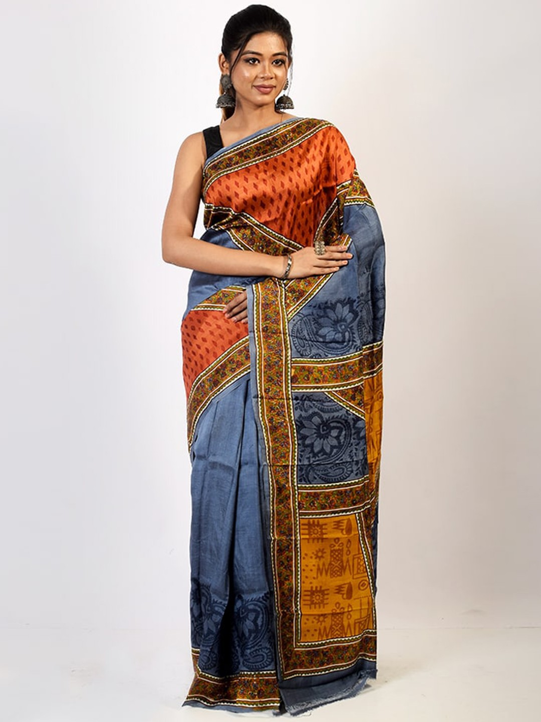 

AllSilks Grey & Orange Ethnic Motifs Pure Silk Murshidabad Saree