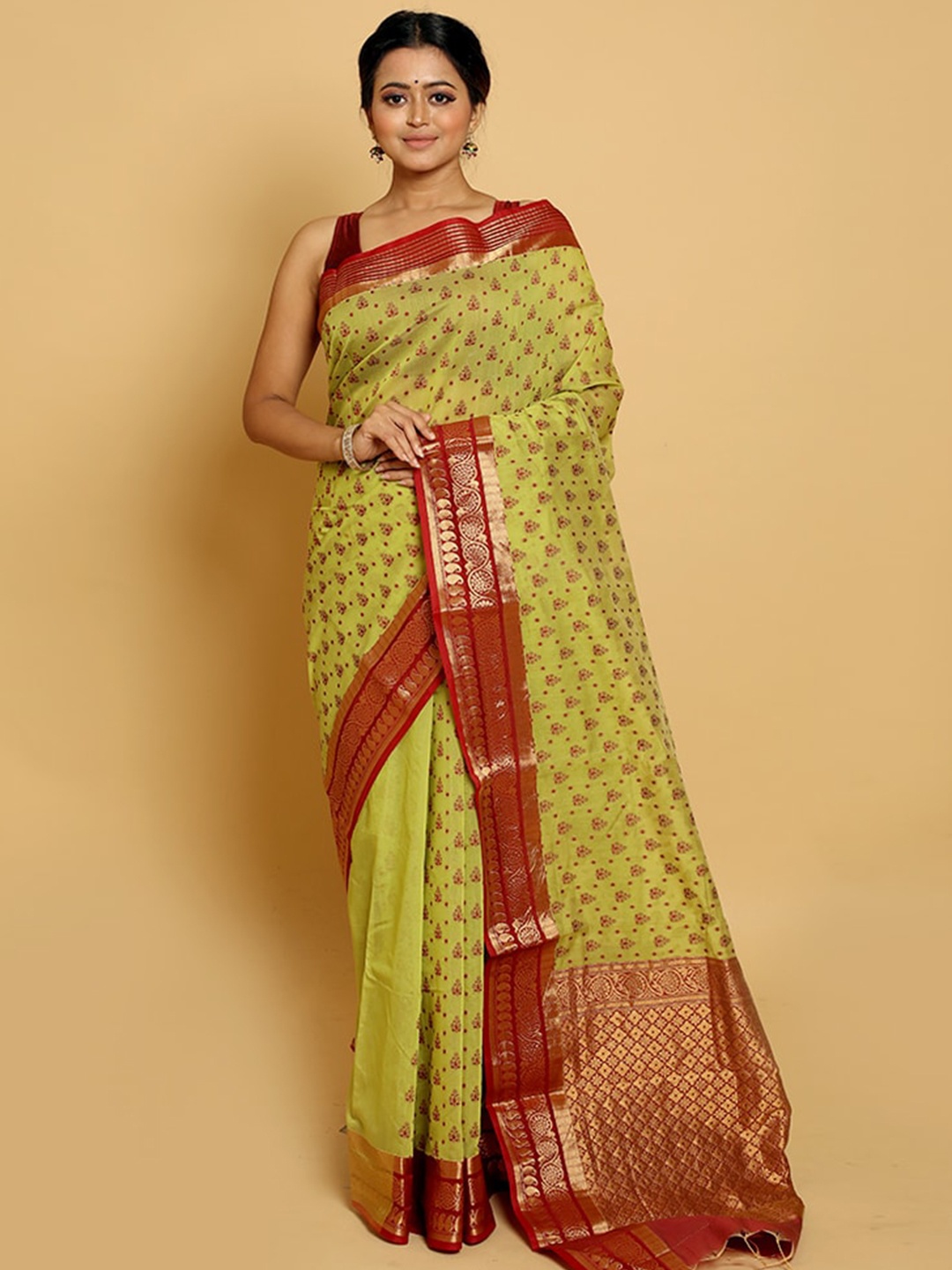 

AllSilks Lime Green & Red Woven Design Zari Pure Cotton Saree