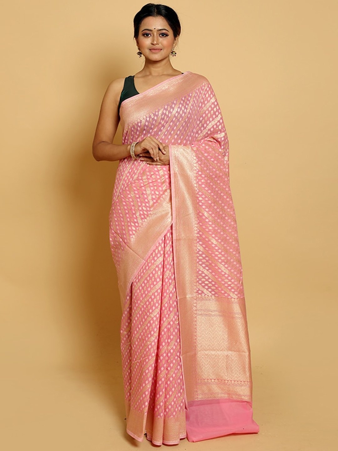

AllSilks Pink & Gold-Toned Woven Design Zari Silk Blend Saree