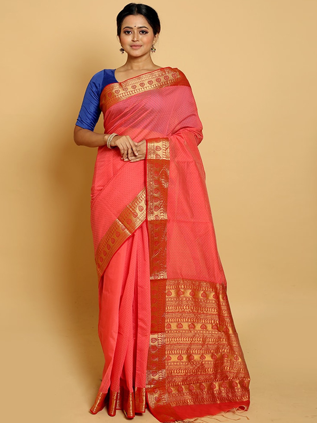 

AllSilks Pink & Gold-Toned Woven Design Zari Pure Cotton Saree